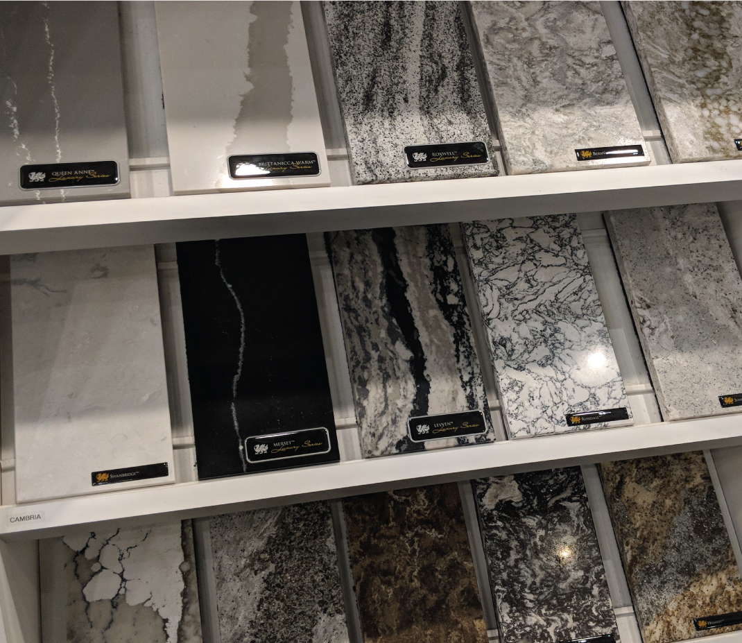 Snapshot of diverse marble/quartz choices offered at the ARISTA Décor Studio.